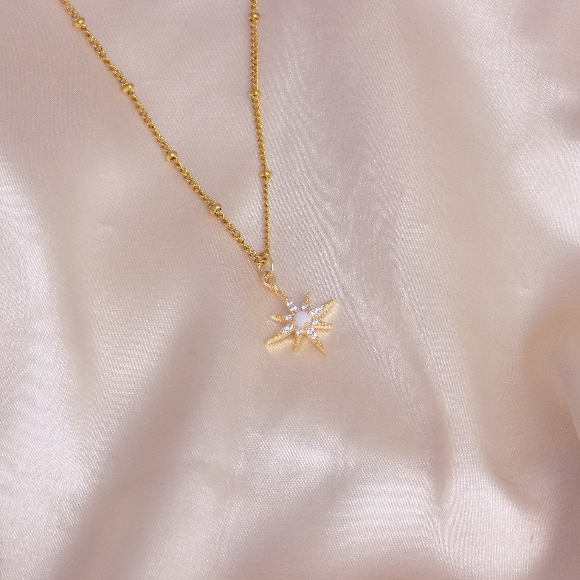 Opal Starburst Charm on Satellite Chain 18K Gold Plated - CZ Minimalist Gemstone Jewelry