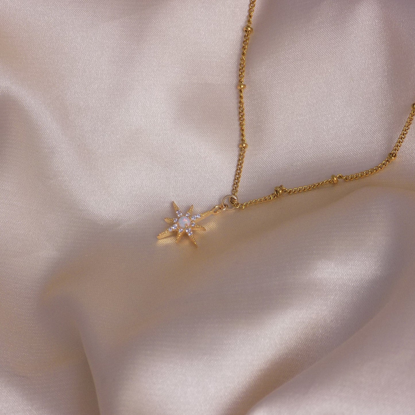 Opal Starburst Charm on Satellite Chain 18K Gold Plated - CZ Minimalist Gemstone Jewelry