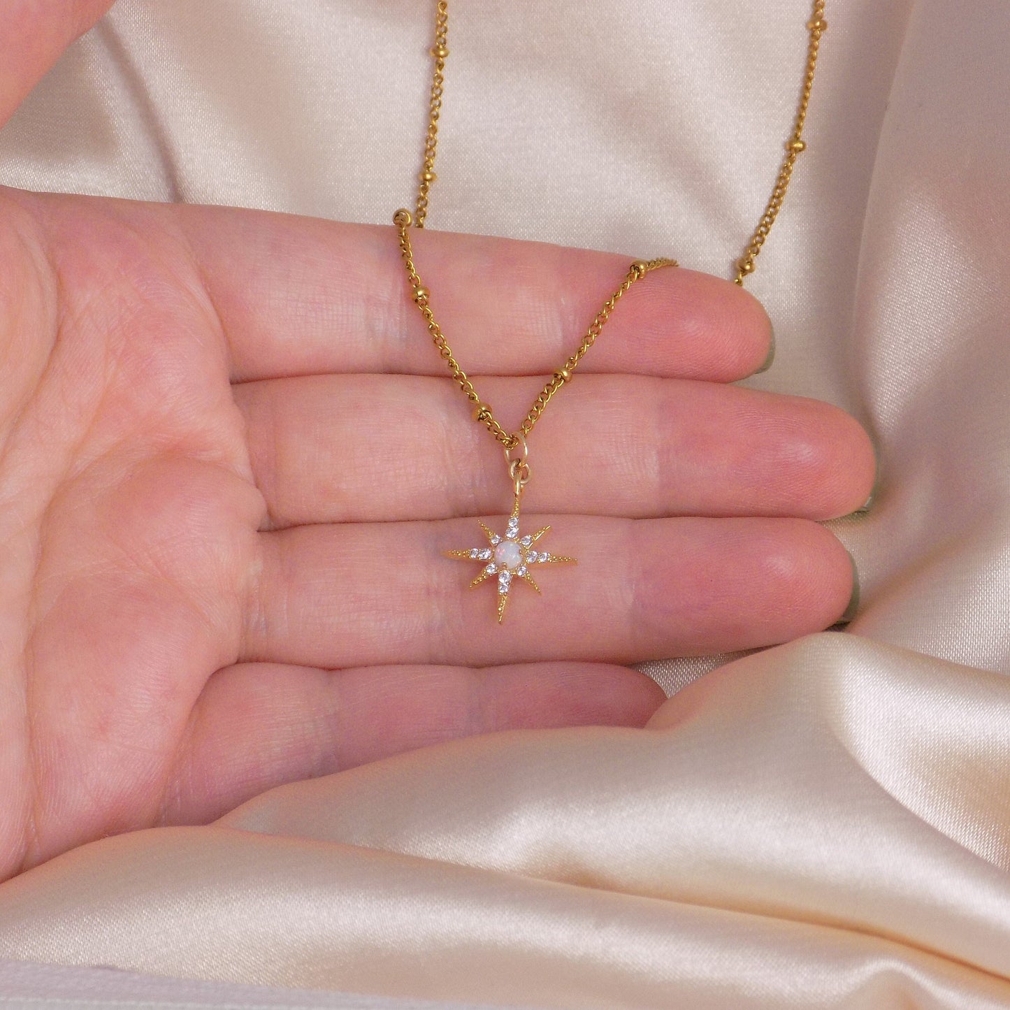 Opal Starburst Charm on Satellite Chain 18K Gold Plated - CZ Minimalist Gemstone Jewelry