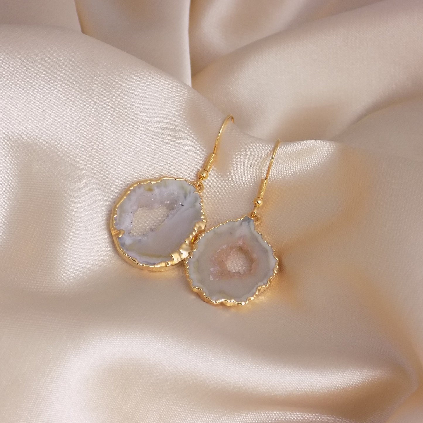 White Geode Natural Gemstone Earrings Gold, Christmas Gift Women, G15-187