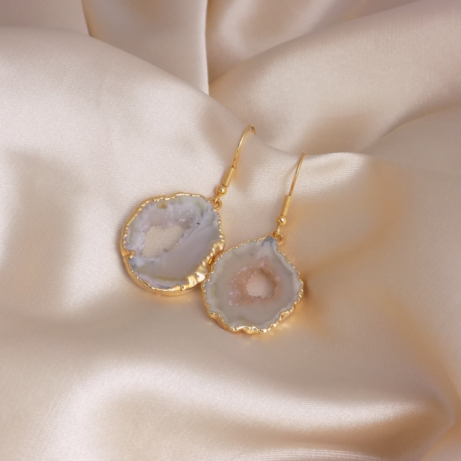 White Geode Natural Gemstone Earrings Gold, Christmas Gift Women, G15-187