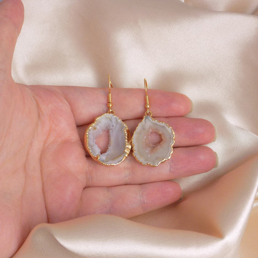 White Geode Natural Gemstone Earrings Gold, Christmas Gift Women, G15-187