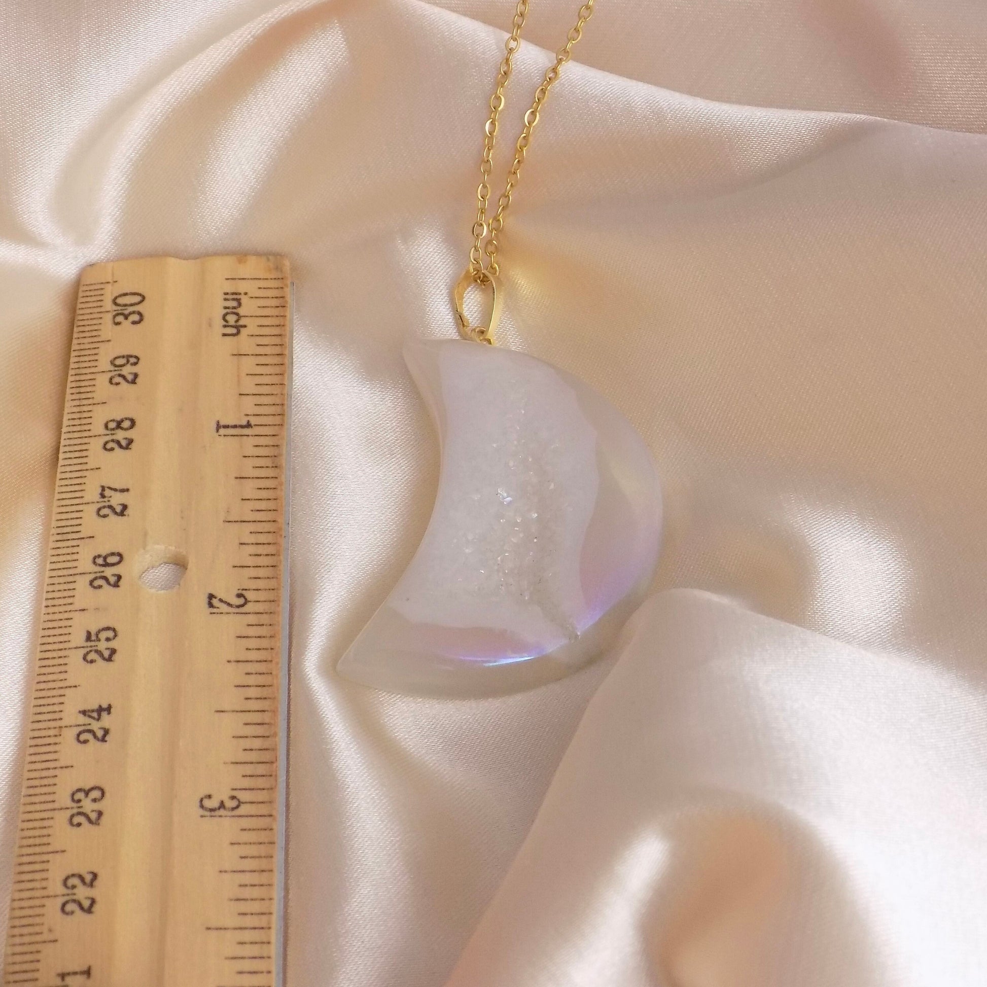 Large Crescent Moon Necklace - Aura Quartz Crystal Necklace Gold