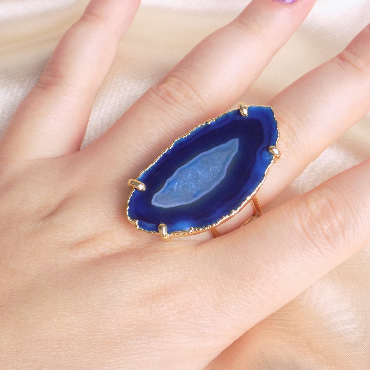 Gifts For Her, Large Blue Agate Slice Natural Gemstone Ring Gold Dipped Adjustable, G15-189