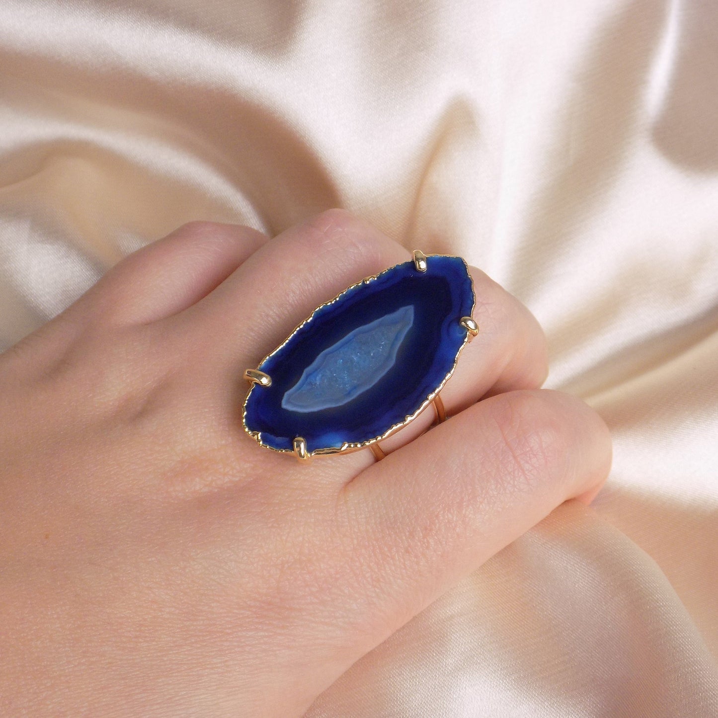 Gifts For Her, Large Blue Agate Slice Natural Gemstone Ring Gold Dipped Adjustable, G15-189
