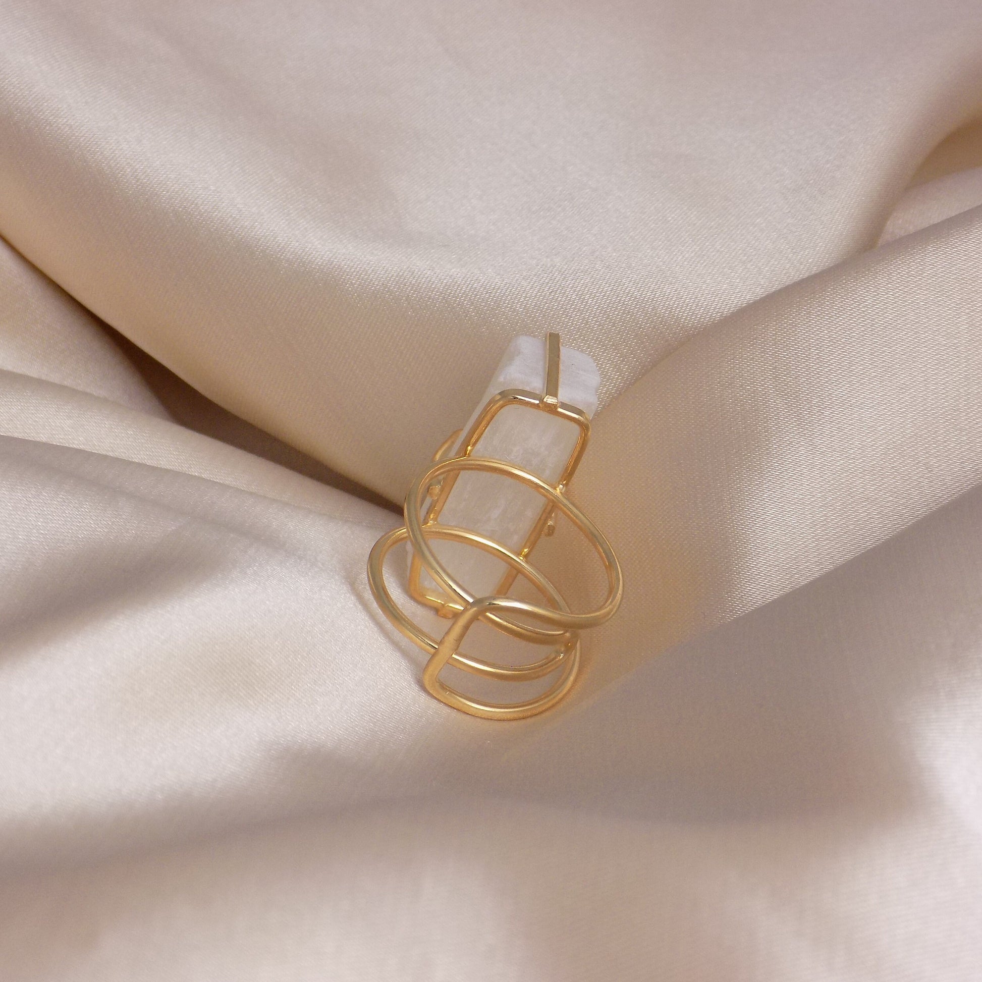 Boho White Selenite Ring Gold Plated Adjustable - Chakra Crystal Ring