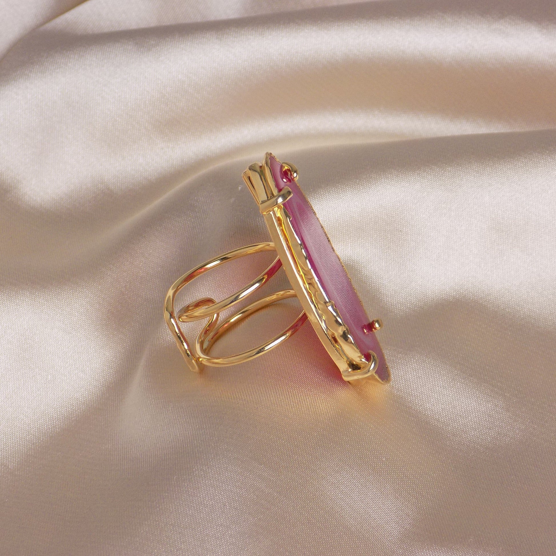 Unique Pink Agate Ring Gold Plated Adjustable - Boho Statement Jewelry