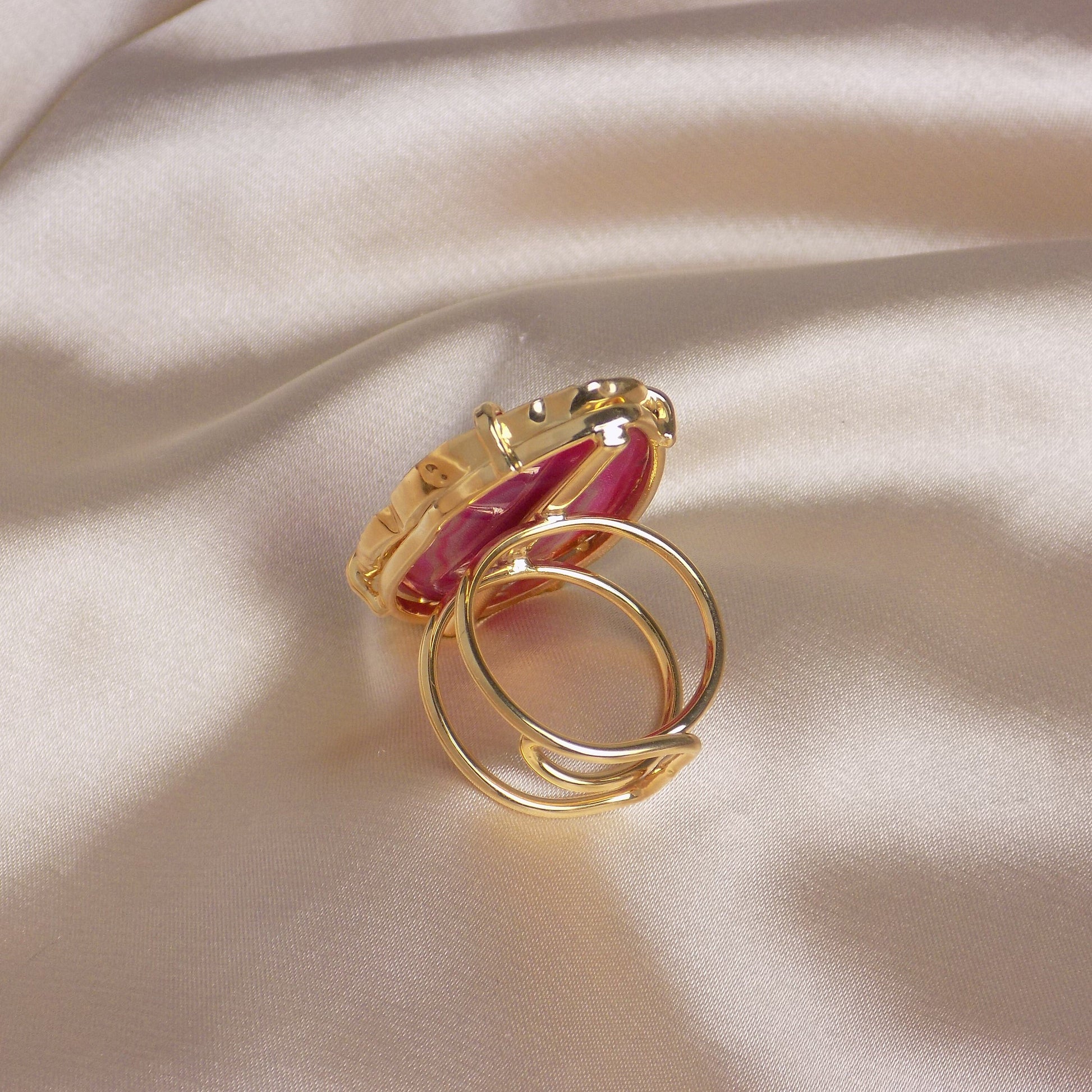 Unique Pink Agate Ring Gold Plated Adjustable - Boho Statement Jewelry