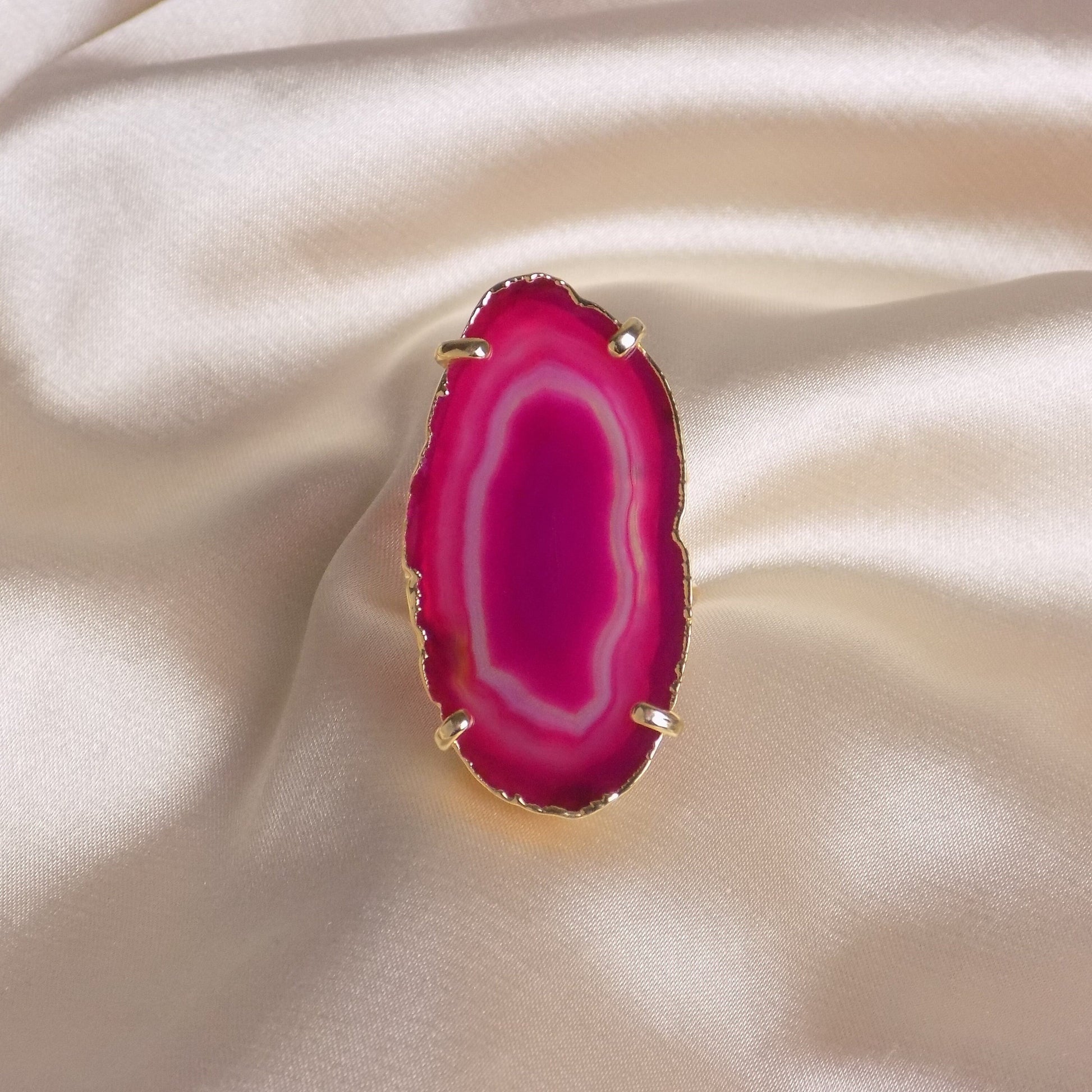 Unique Pink Agate Ring Gold Plated Adjustable - Boho Statement Jewelry