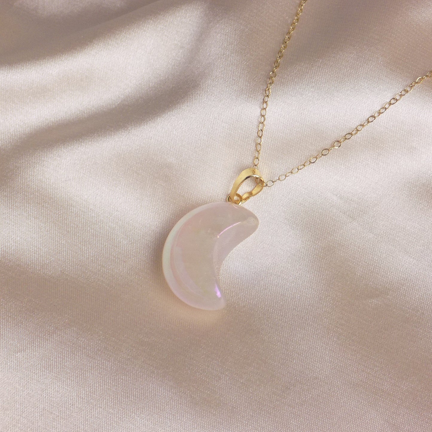 Aura Quartz Necklace - Rose Quartz Moon Pendant, Christmas Gift Women, M7