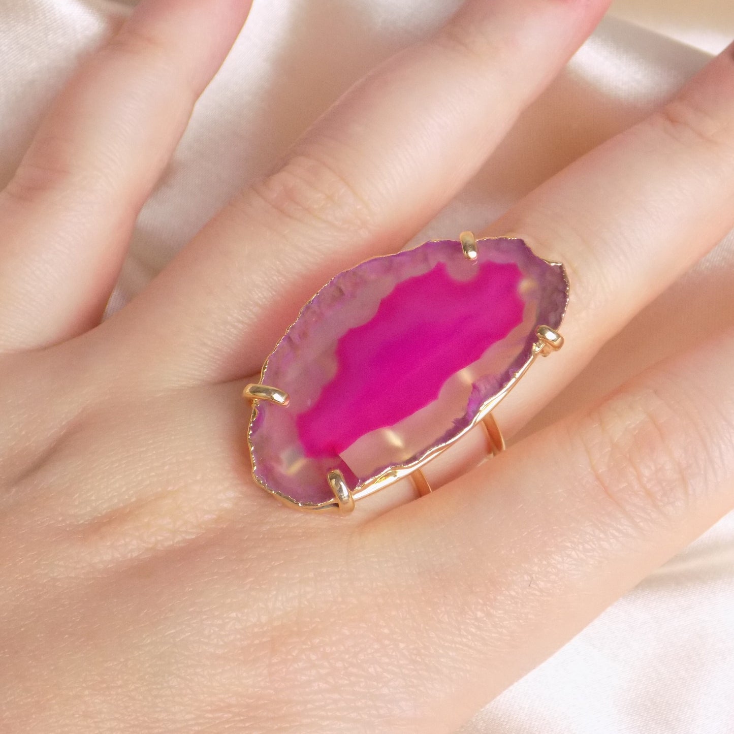Boho Pink Agate Ring Gold Plated Adjustable - Elegant Statement Jewelry