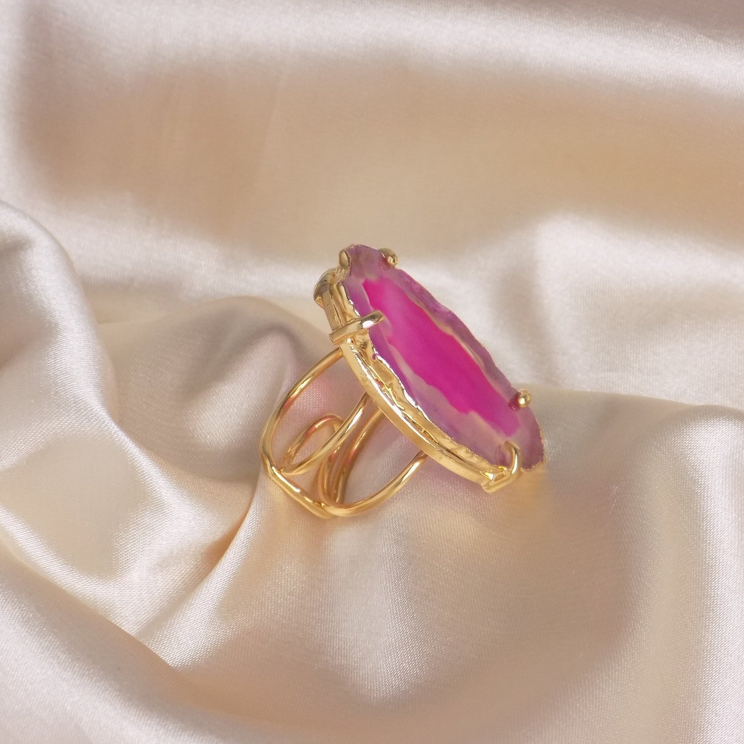 Boho Pink Agate Ring Gold Plated Adjustable - Elegant Statement Jewelry
