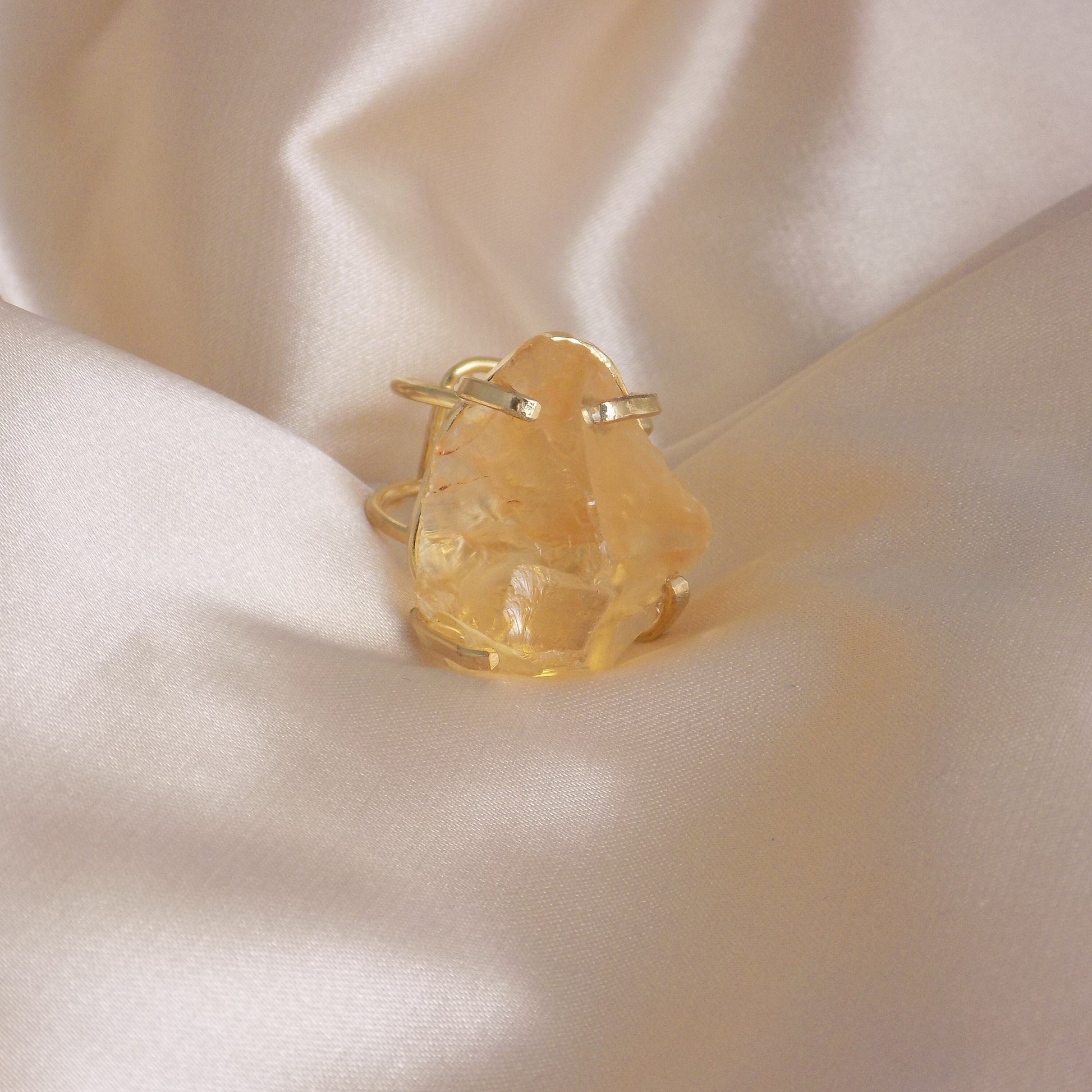 Large Citrine Ring - Raw Natural Citrine Ring Gold Plated Adjustable Band