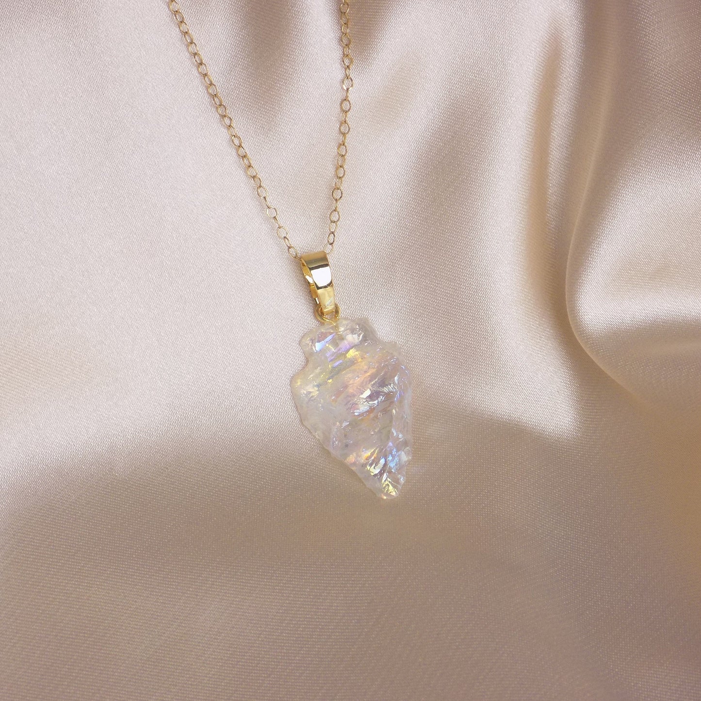 Angel Aura Quartz Arrowhead Necklace Gold, Unique Iridescent Crystal Jewelry Boho, Gift For Her, M7-93