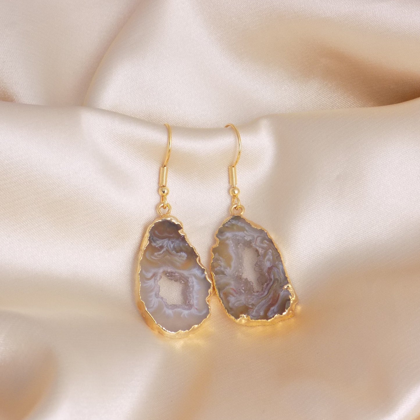 Beige Geode Natural Gemstone Earrings Gold, Christmas Gift Women, G15-184