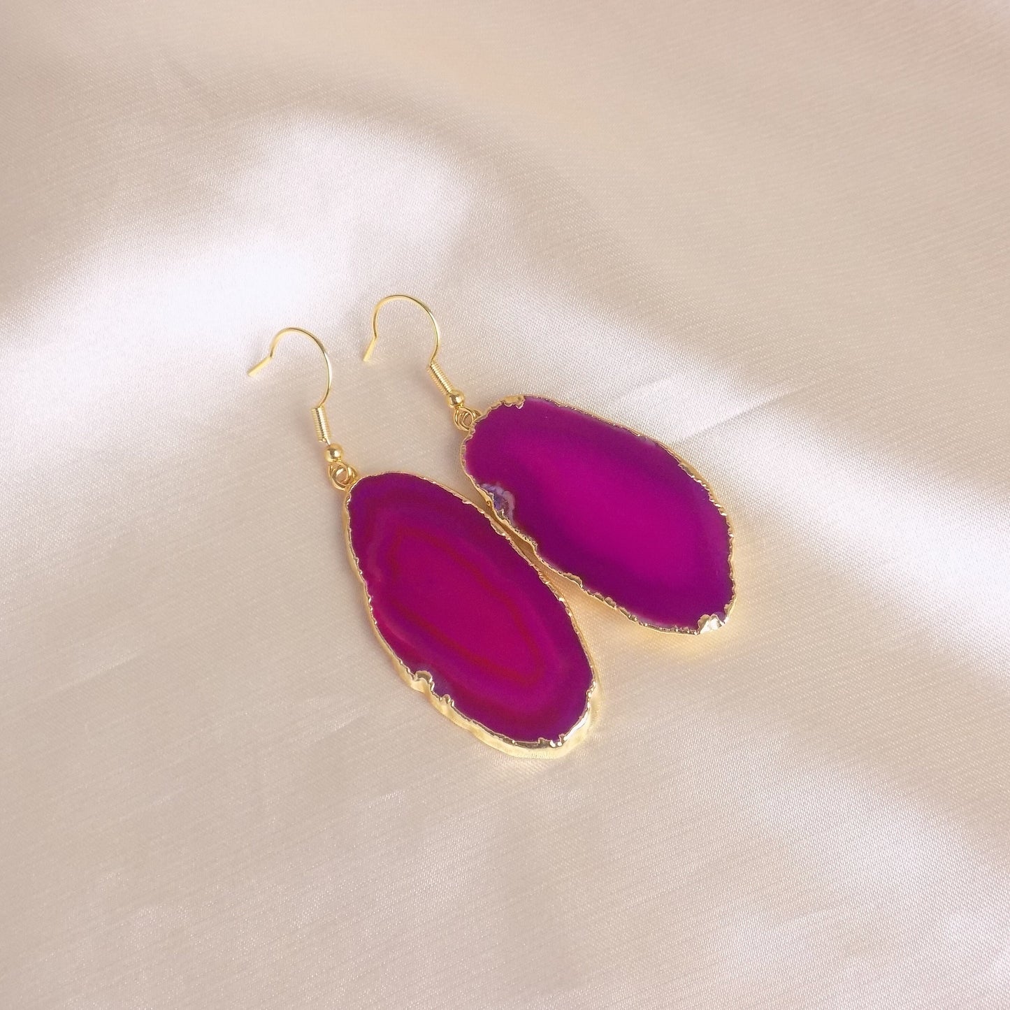 Hot Pink Statement Earrings - Sliced Agate Earrings Gold
