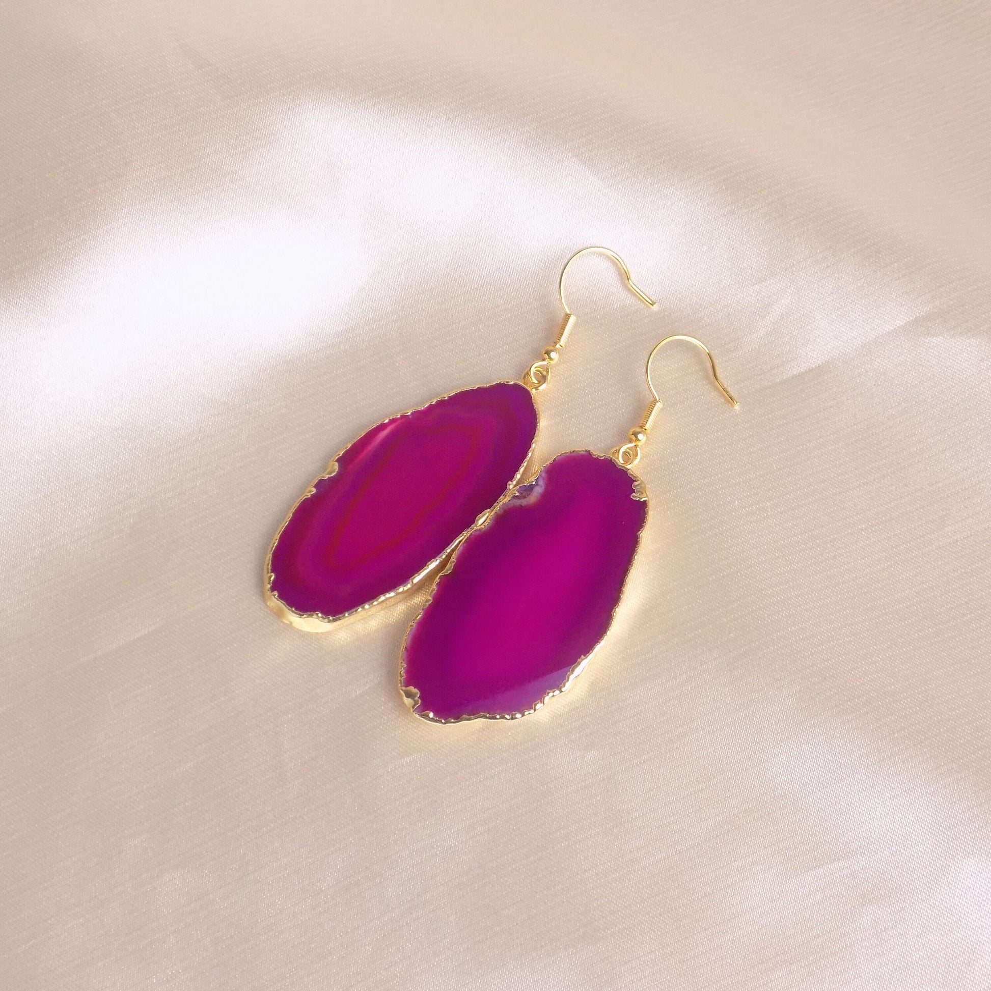 Hot Pink Statement Earrings - Sliced Agate Earrings Gold