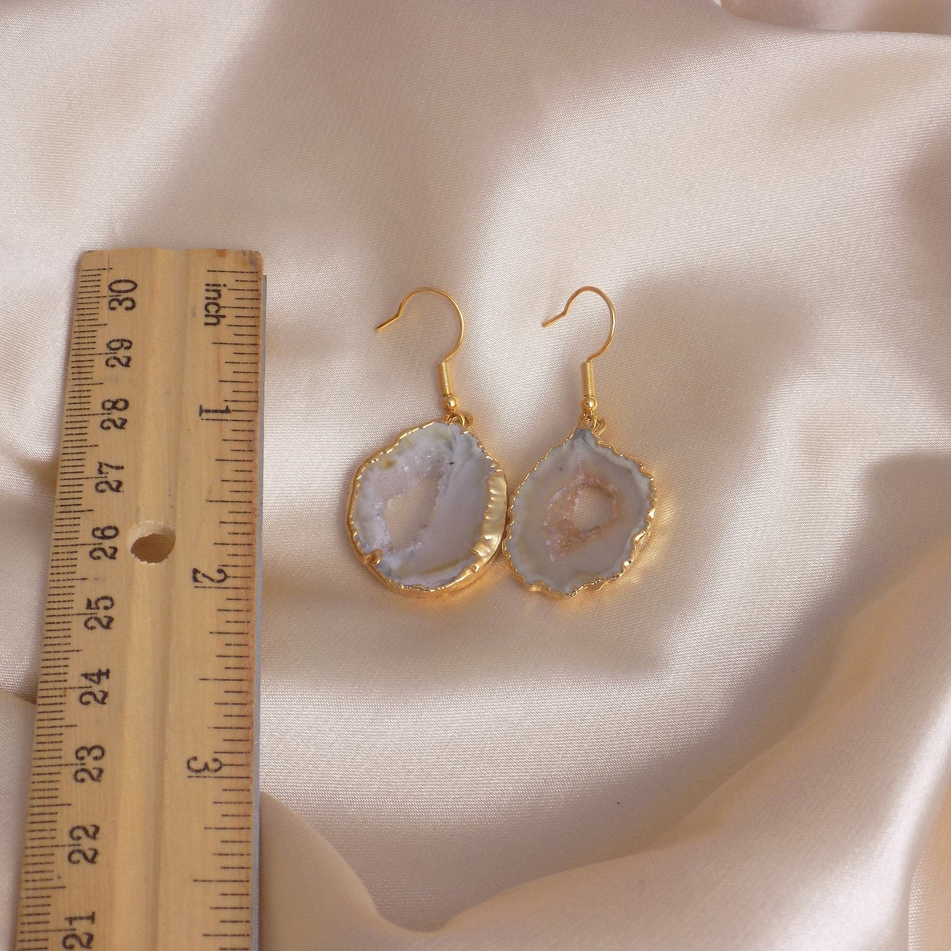 White Geode Natural Gemstone Earrings Gold, Christmas Gift Women, G15-187