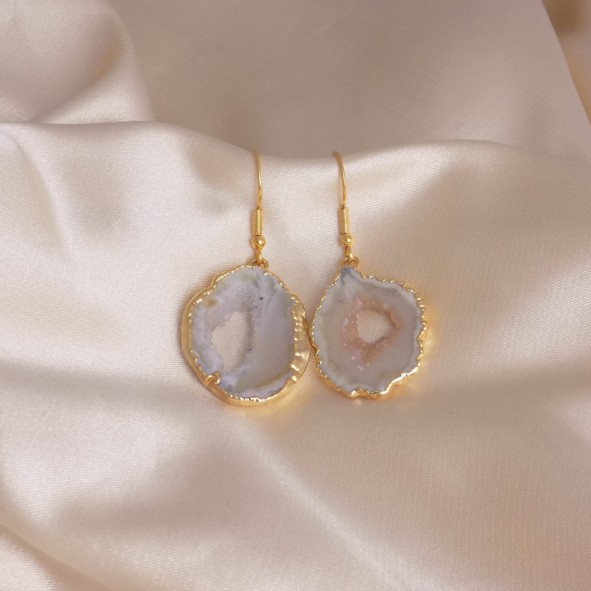 White Geode Natural Gemstone Earrings Gold, Christmas Gift Women, G15-187