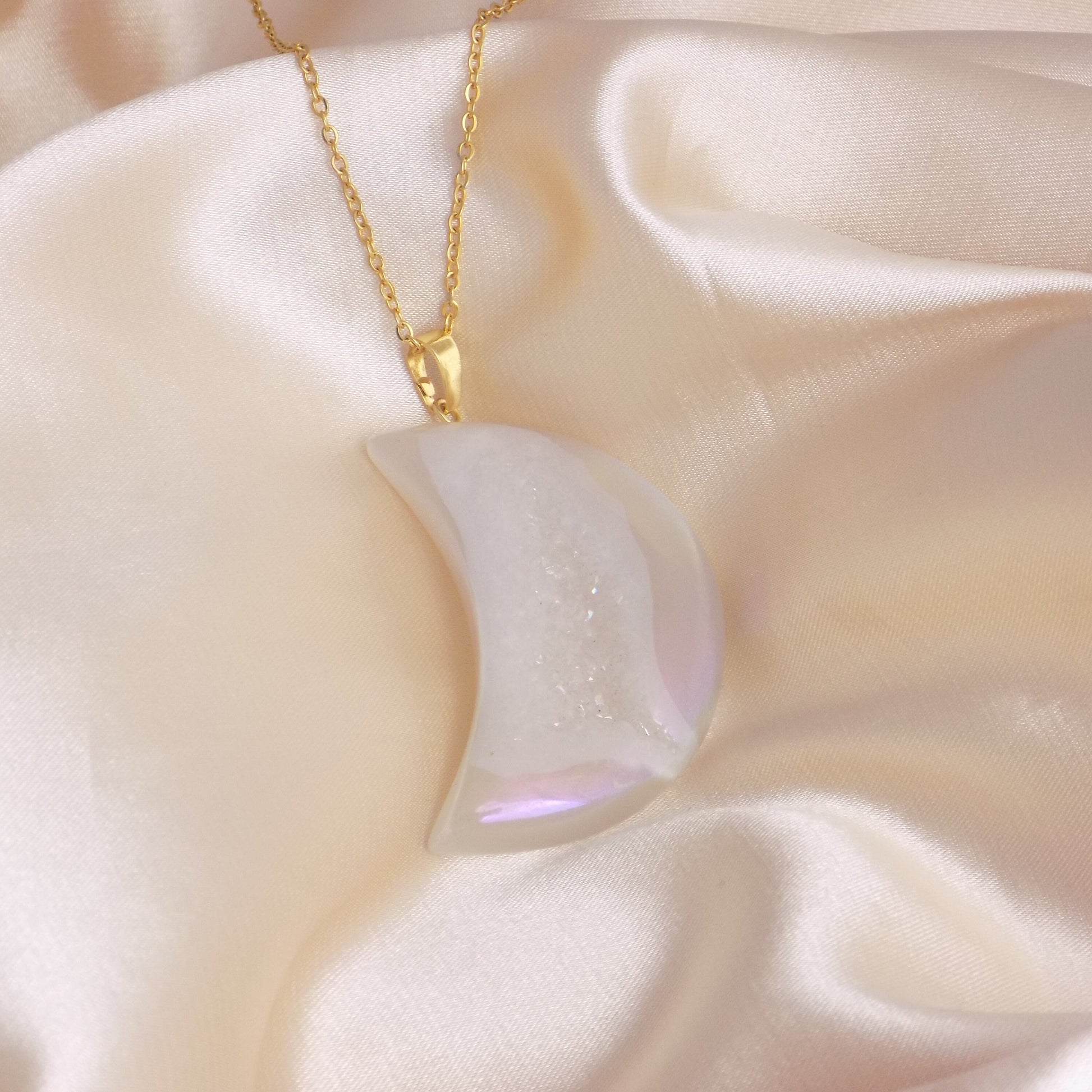 Large Crescent Moon Necklace - Aura Quartz Crystal Necklace Gold