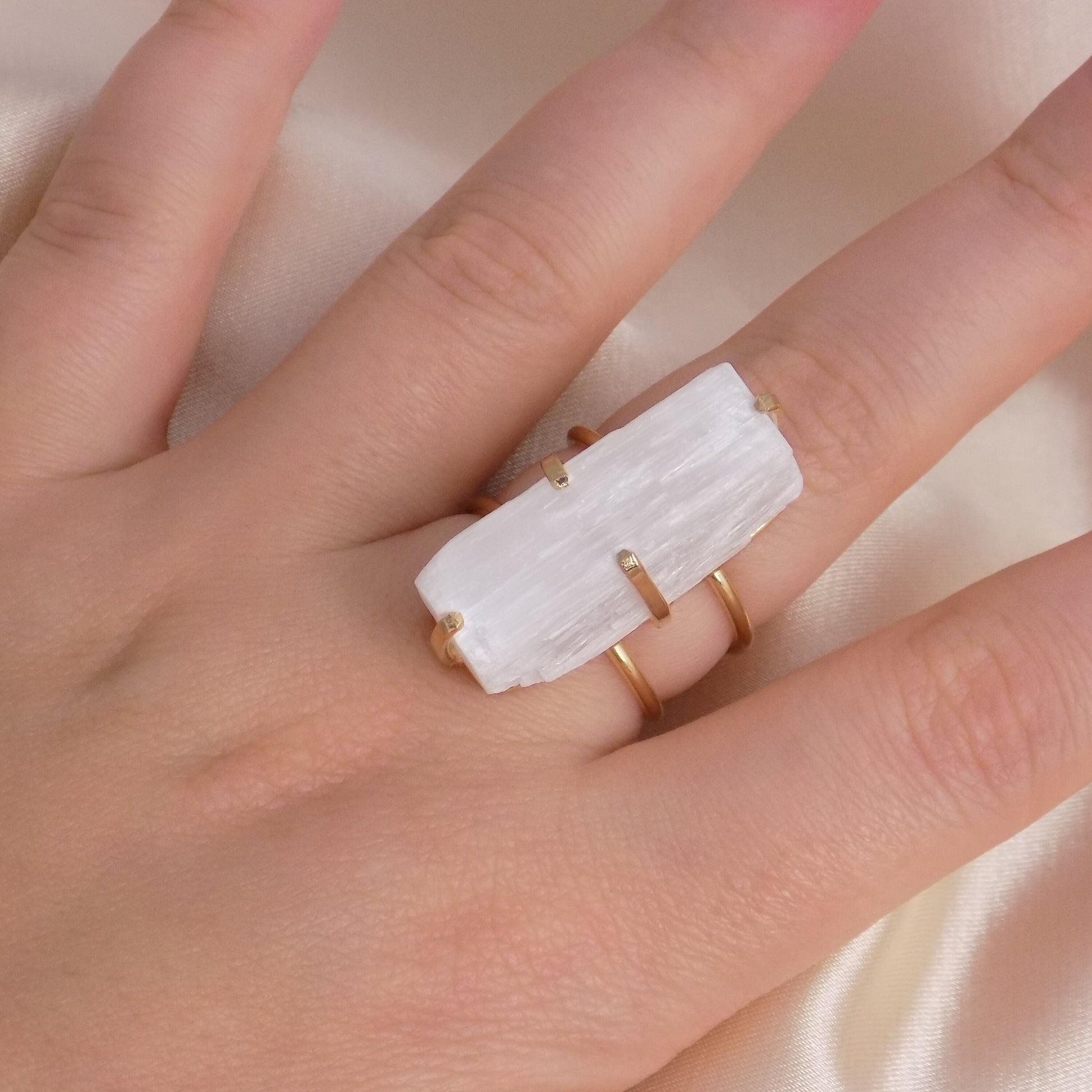 Boho White Selenite Ring Gold Plated Adjustable - Chakra Crystal Ring