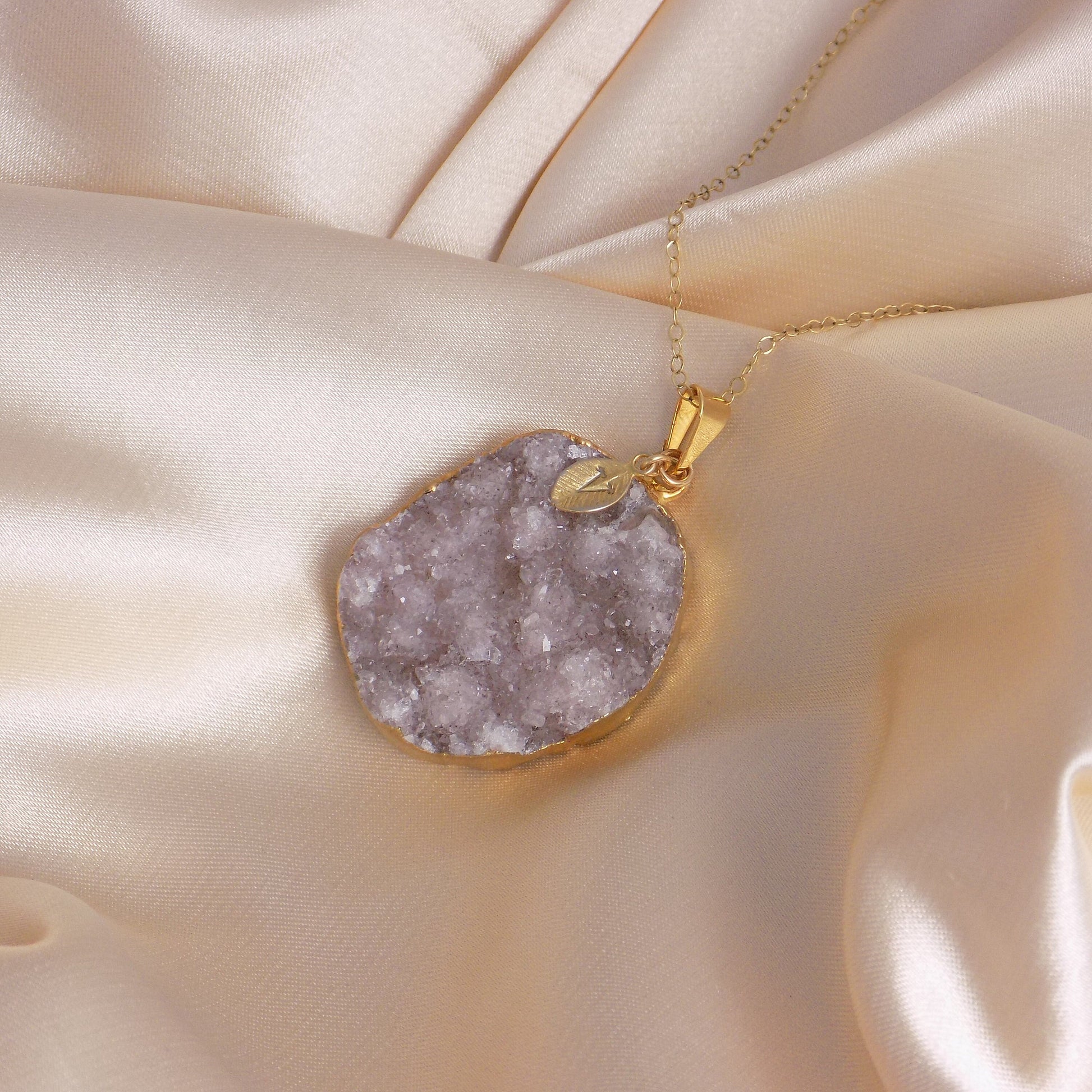 Unique Amethyst Druzy Necklace Gold with Initial Charm, Gift For Mom, G15-208