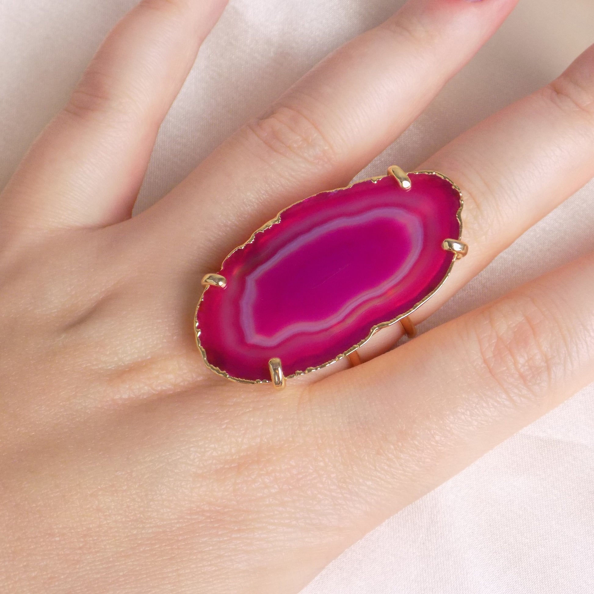 Unique Pink Agate Ring Gold Plated Adjustable - Boho Statement Jewelry