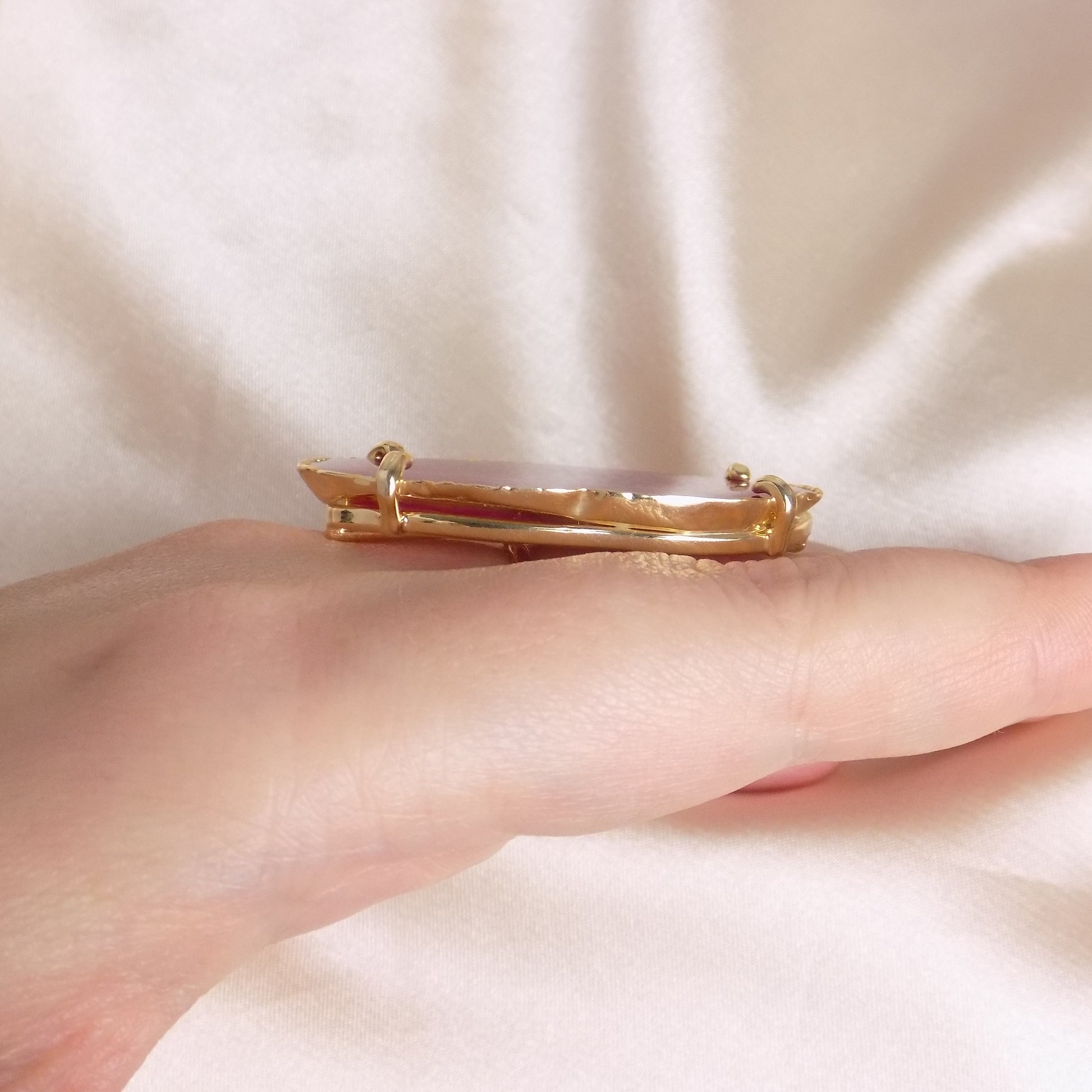 Unique Pink Agate Ring Gold Plated Adjustable - Boho Statement Jewelry
