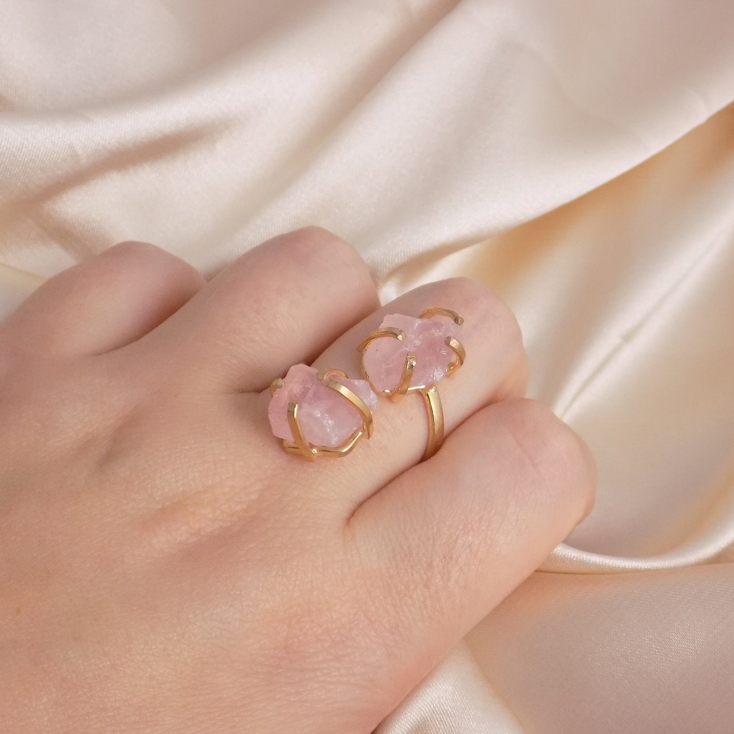 Adjustable Gold Ring with Raw Natural Rose Quartz - Elegant Dual Stone Statement Ring in Light Pink, G15