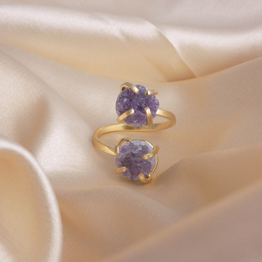 Raw Amethyst Gemstone Ring Adjustable Gold Plated, Two Purple Stones Rings, Minimalist Statement, G15-214
