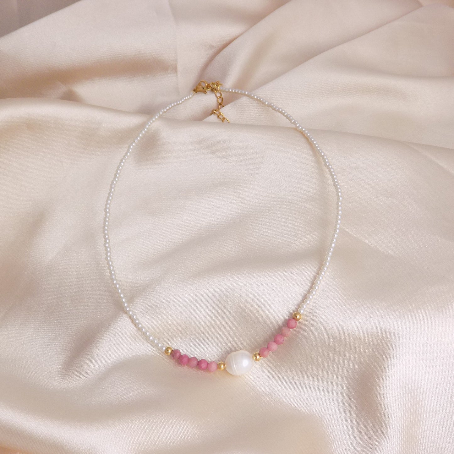 Dainty Pearl Choker Necklace Gold, Freshwater Pearl and Rhodochrosite Necklace, Christmas Gift For Her, M4-111