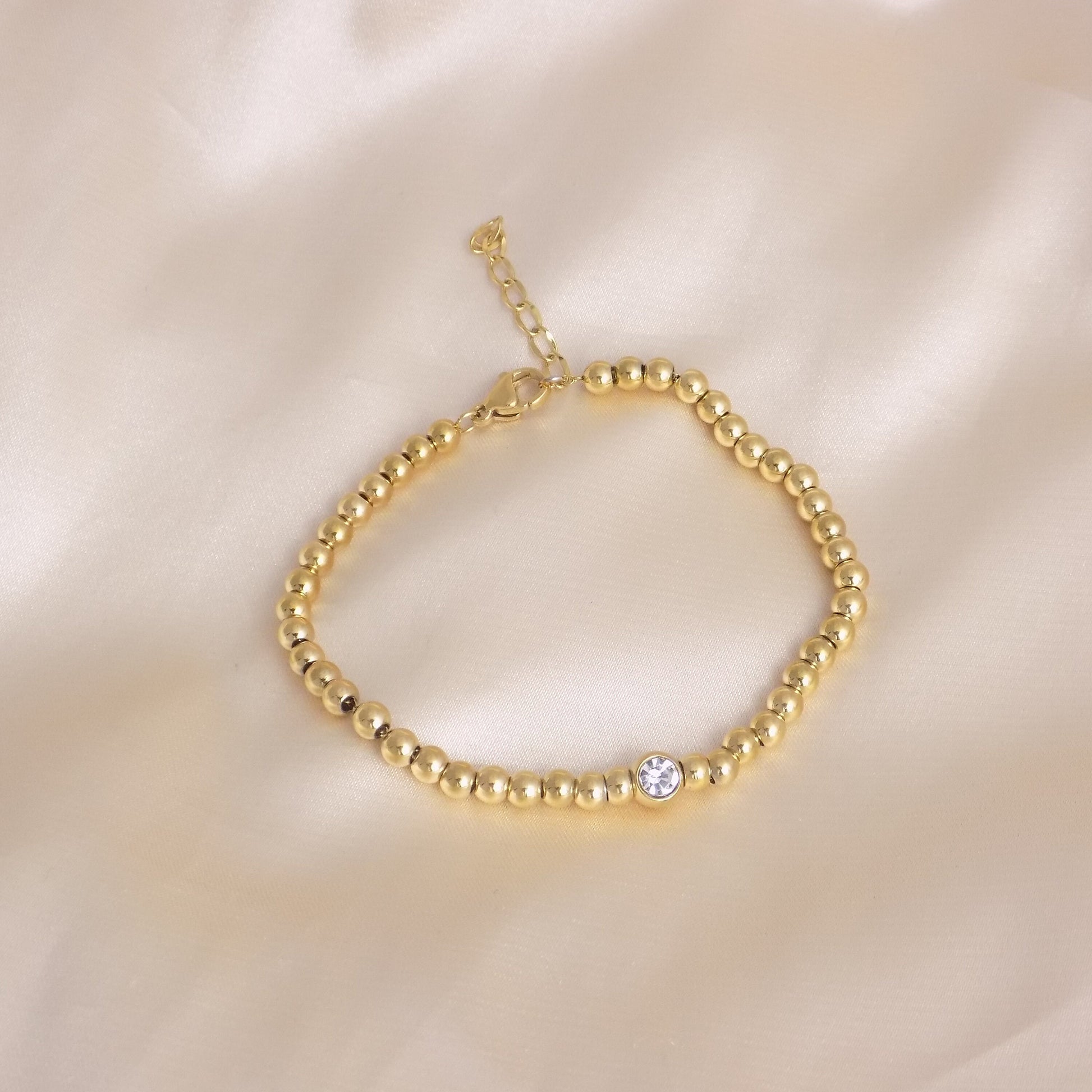 18K Gold Beaded Bracelet Adjustable Stainless Steel, Cubic Zirconia Stone, Delicate Gold Layer, Simple Everyday, M7-117