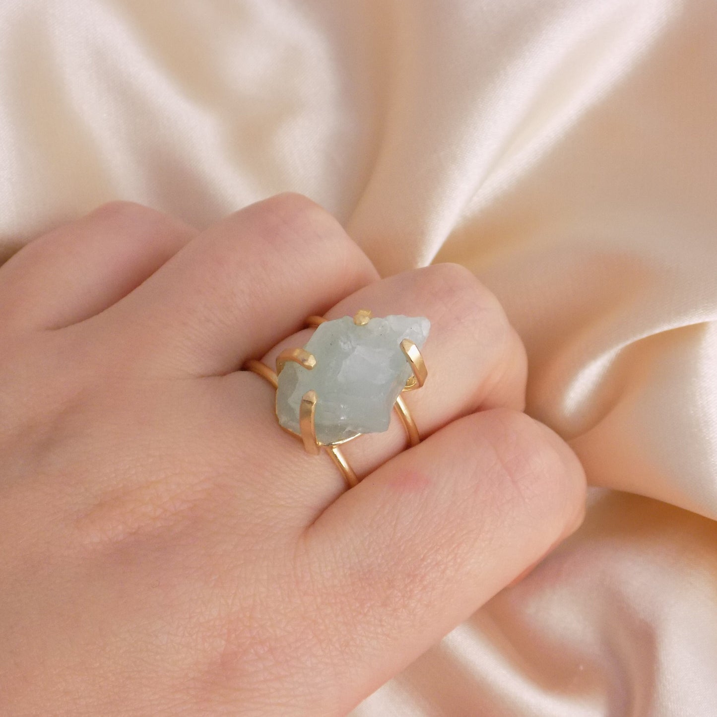 Raw Aquamarine Gemstone Ring Gold Plated Adjustable Band - Light Blue Crystal Jewelry Boho