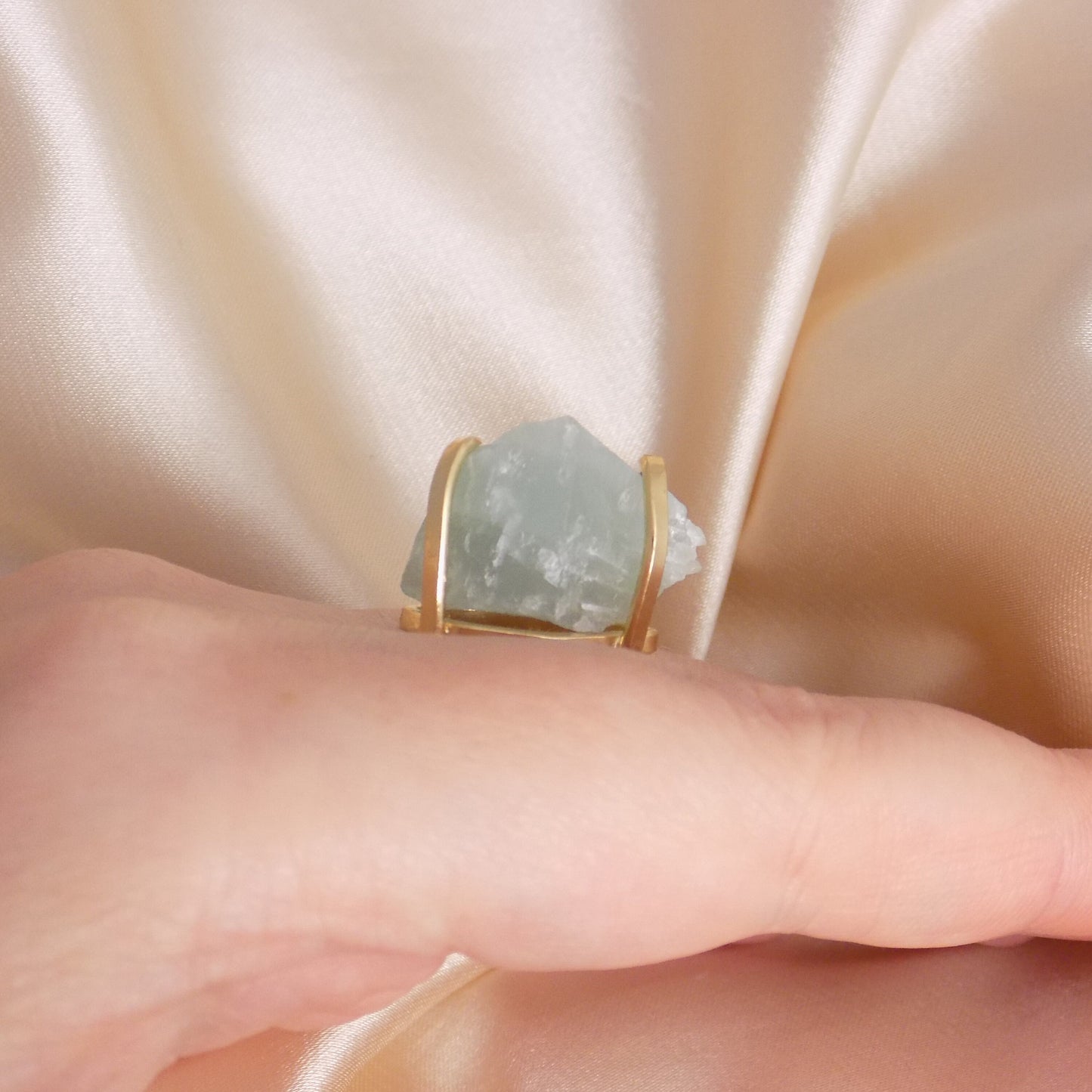 Raw Aquamarine Gemstone Ring Gold Plated Adjustable Band - Light Blue Crystal Jewelry Boho