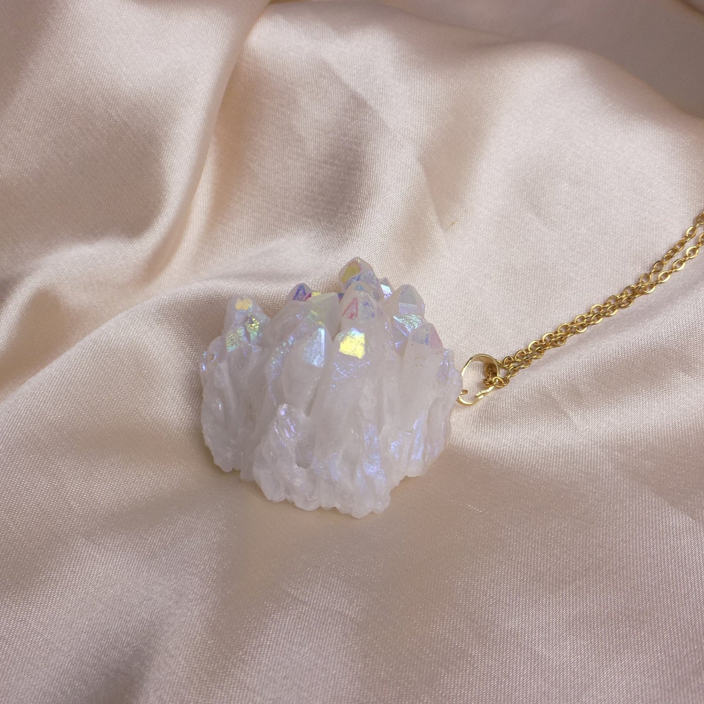 White Aura Quartz Necklace, Sparkly Extra Large Druzy Pendant Necklace Gold, Gift For Her, M7-118