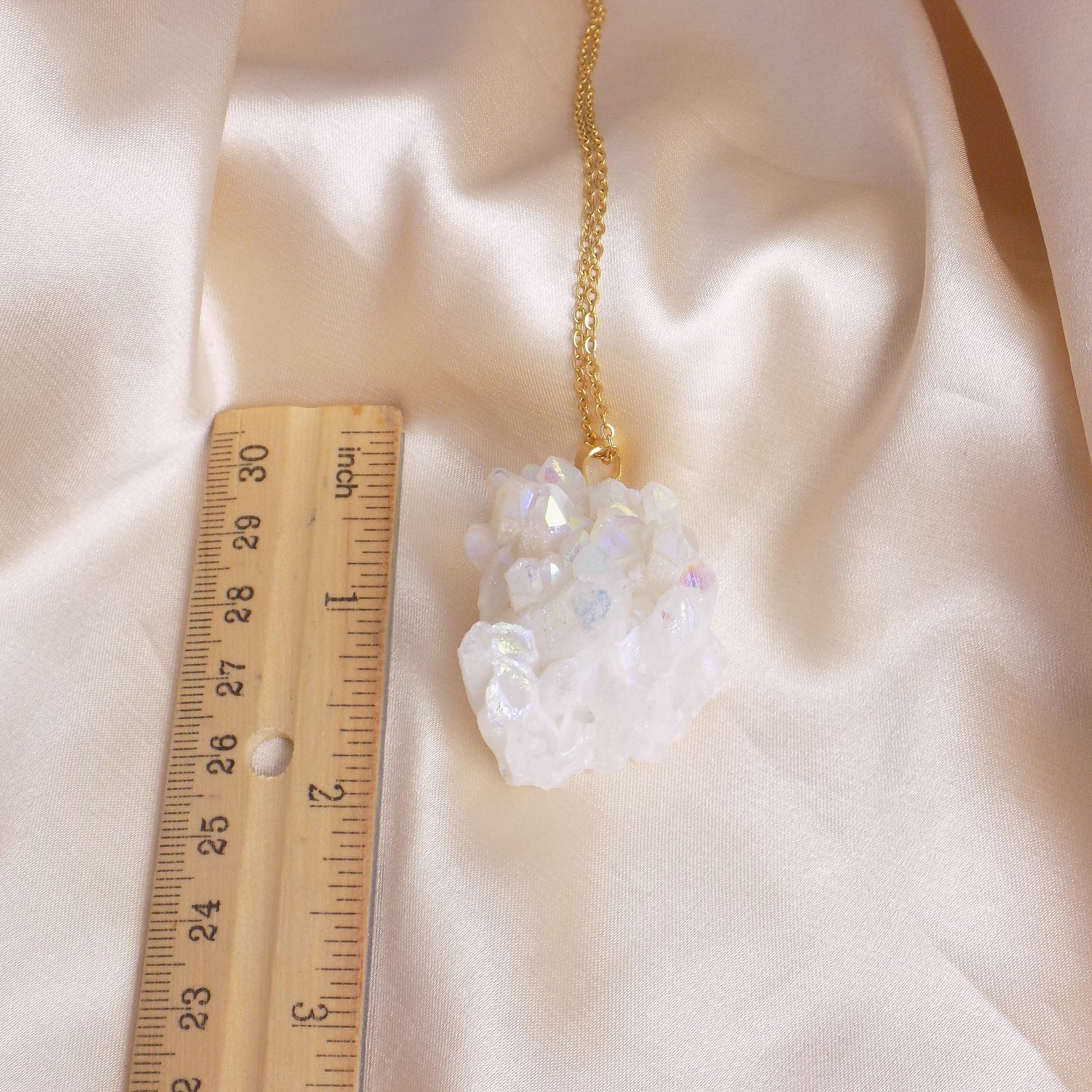 White Aura Quartz Necklace, Sparkly Extra Large Druzy Pendant Necklace Gold, Gift For Her, M7-118