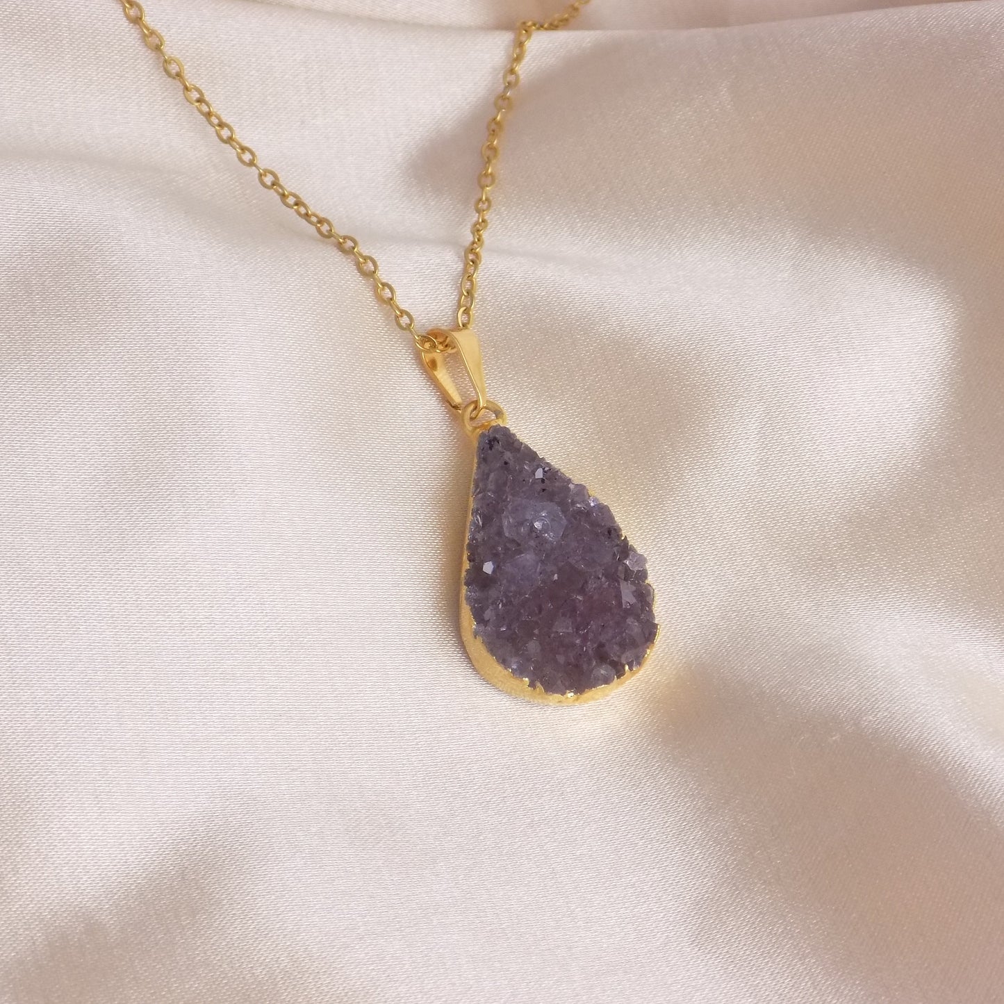 Teardrop Amethyst Pendant Necklace Gold - Boho Druzy Crystal