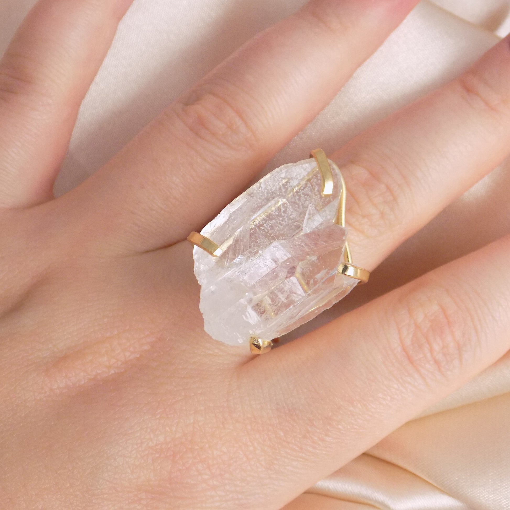 Boho Clear Crystal Quartz Ring Gold Adjustable - Large Raw Gemstone