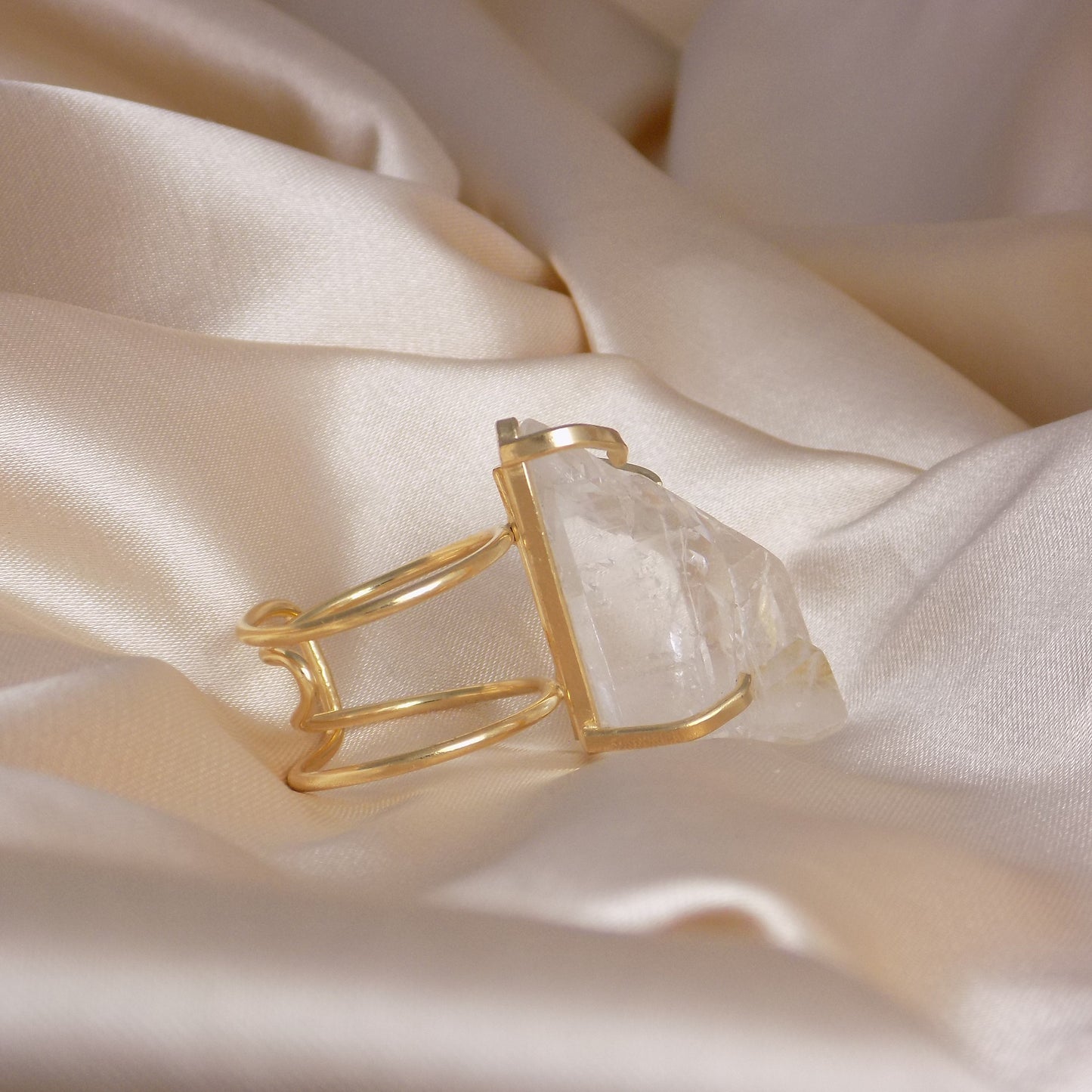 Boho Clear Crystal Quartz Ring Gold Adjustable - Large Raw Gemstone
