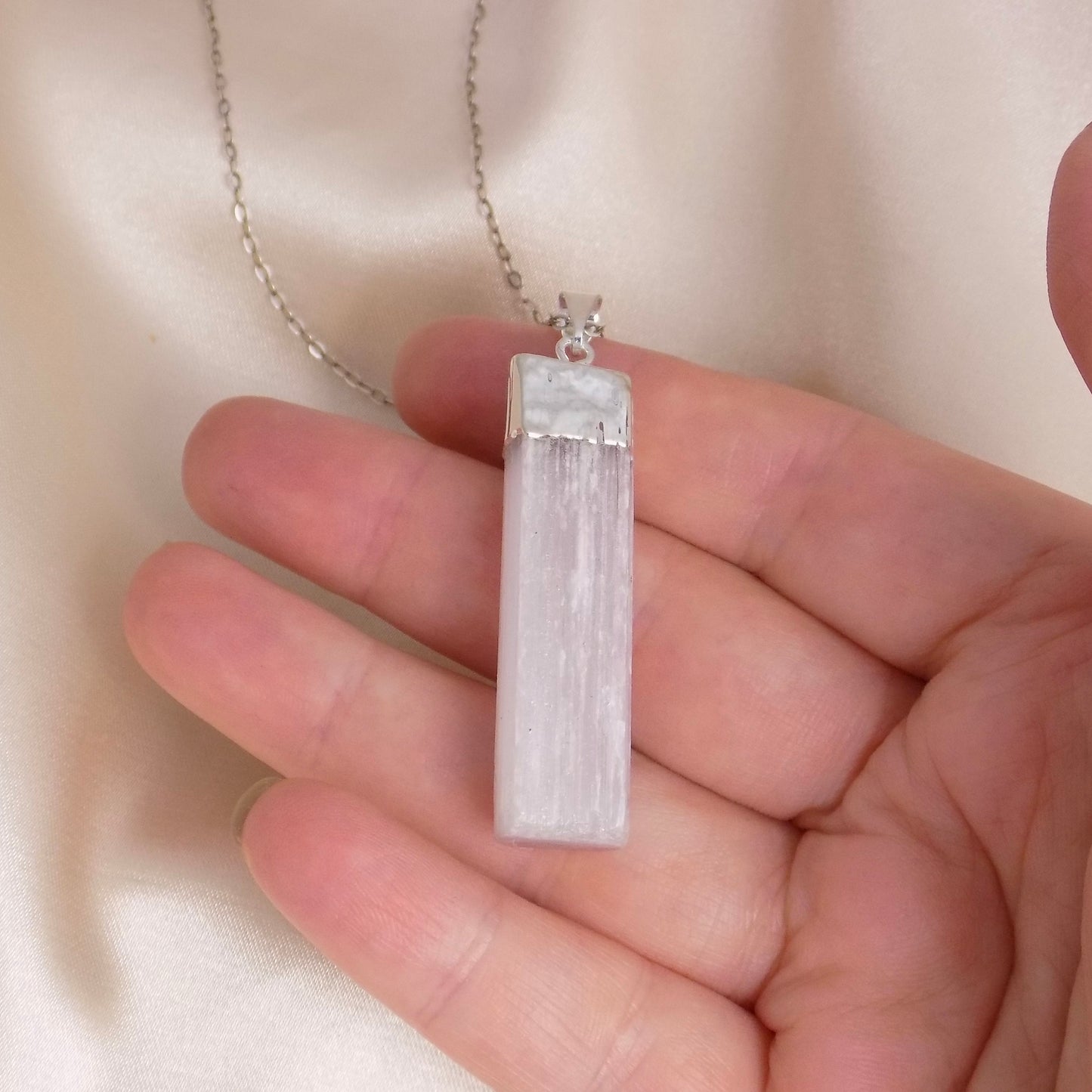 Healing Crystals, Pink Selenite Necklace Silver, Raw Selenite Pendant Necklace, Boho Calming Stone, Gift For Best Friend, G13-543