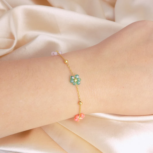 Tiny Colorful Flower Bracelet 18K Gold Stainless Steel - Pink Green Blue Beaded