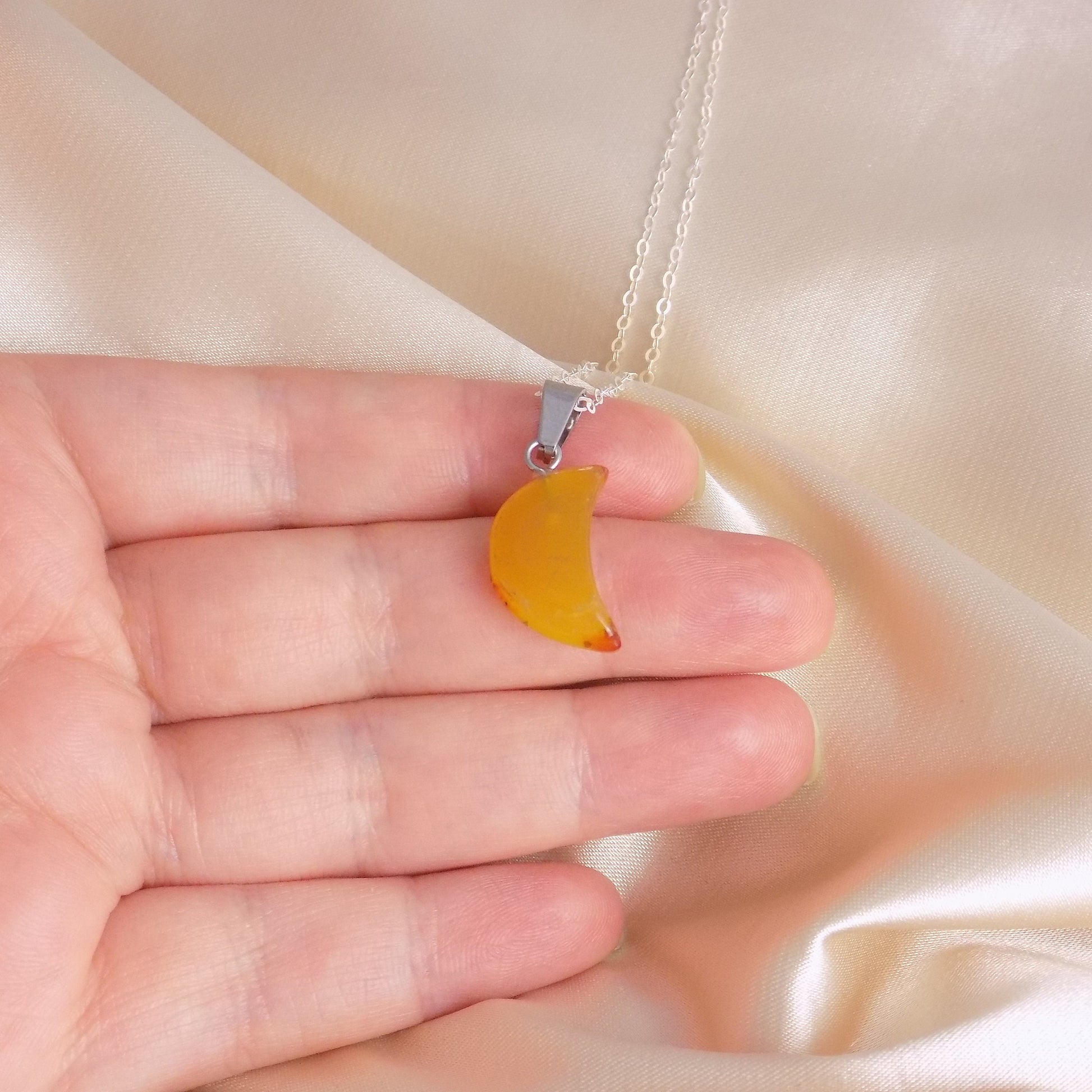Yellow Agate Moon Necklace Silver - Orange Crystal Moon Pendant - Christmas Gift For Her - M7-132