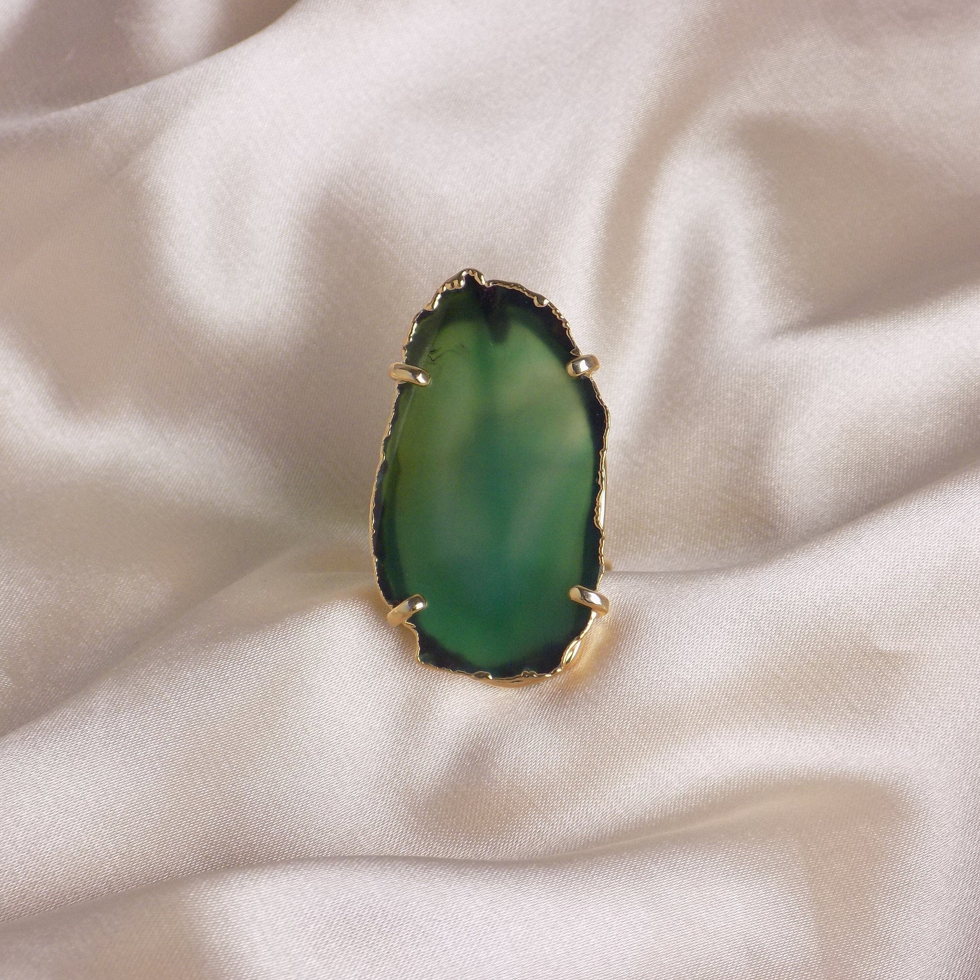 Emerald Green Agate Ring Gold - Statement Geode Ring Adjustable - Boho Large Stone - G15-224