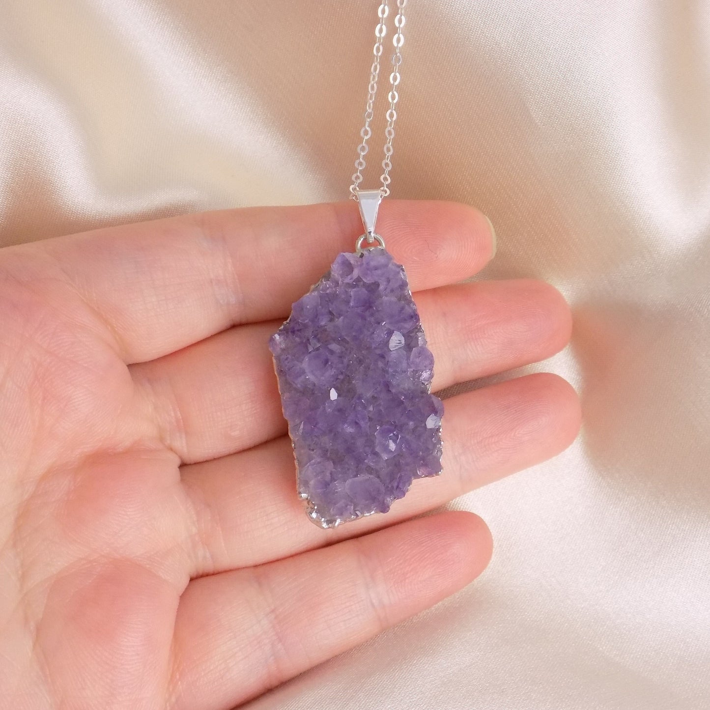 Christmas Gift For Her - Raw Amethyst Necklace Sterling Silver Chain - Purple Druzy Pendant - G15-226
