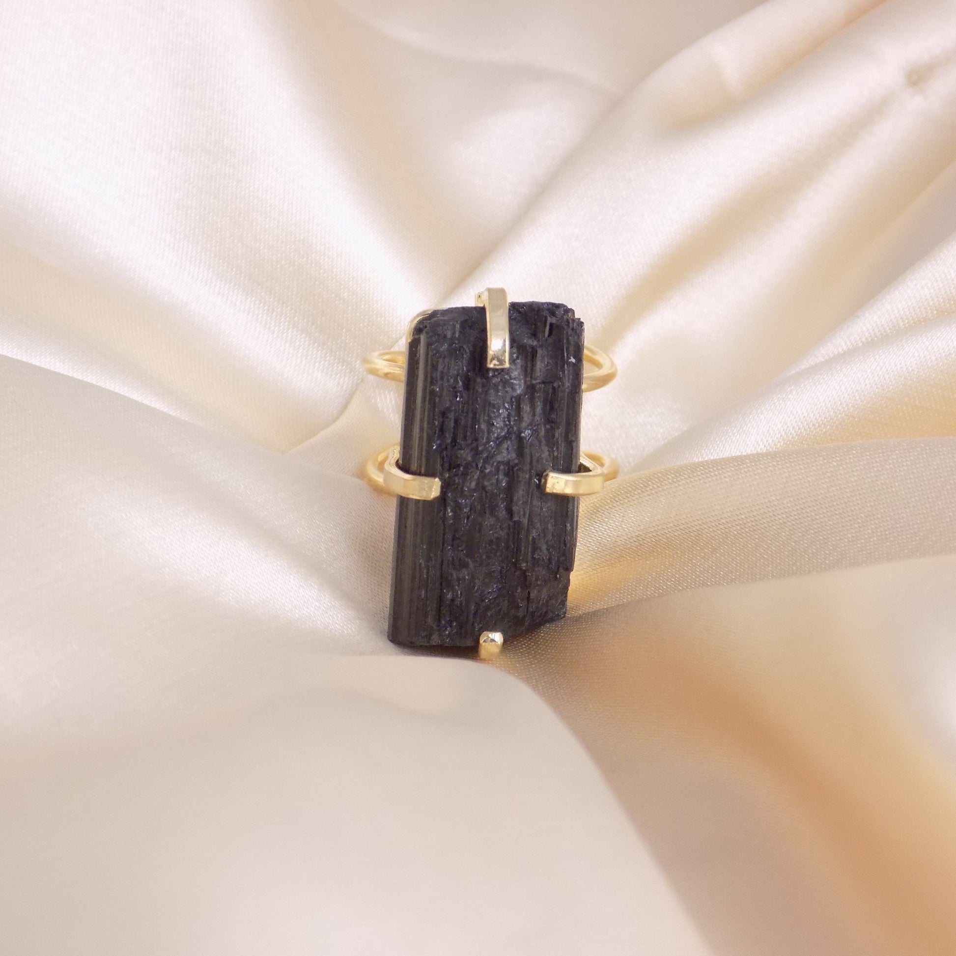 Unique Boho Crystal Ring, Black Tourmaline Ring Adjustable, Raw Black Crystal Statement Jewelry, Healing Crystal Gift, G15-205