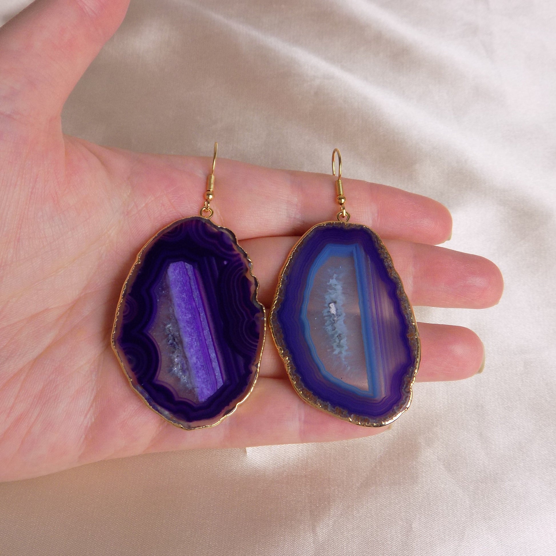Unique Purple Agate Earrings Gold - Large Sliced Geode Dangle - Christmas Gift For Her - G15-228