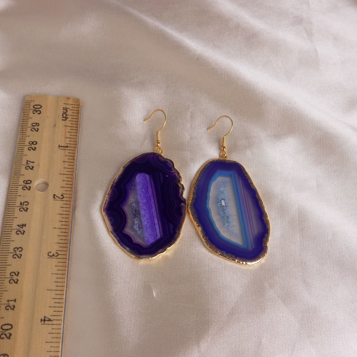 Unique Purple Agate Earrings Gold - Large Sliced Geode Dangle - Christmas Gift For Her - G15-228