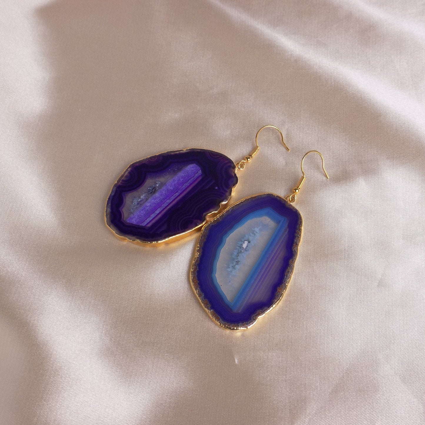 Unique Purple Agate Earrings Gold - Large Sliced Geode Dangle - Christmas Gift For Her - G15-228