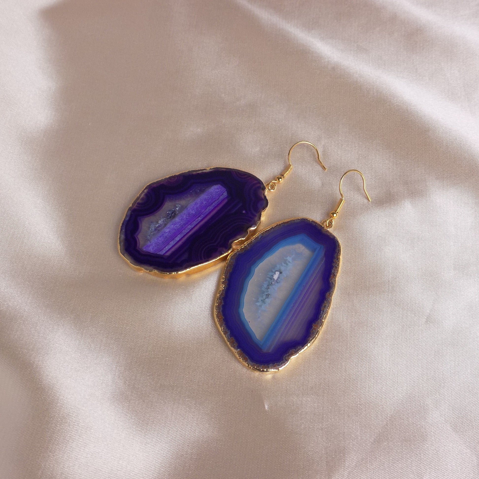 Unique Purple Agate Earrings Gold - Large Sliced Geode Dangle - Christmas Gift For Her - G15-228