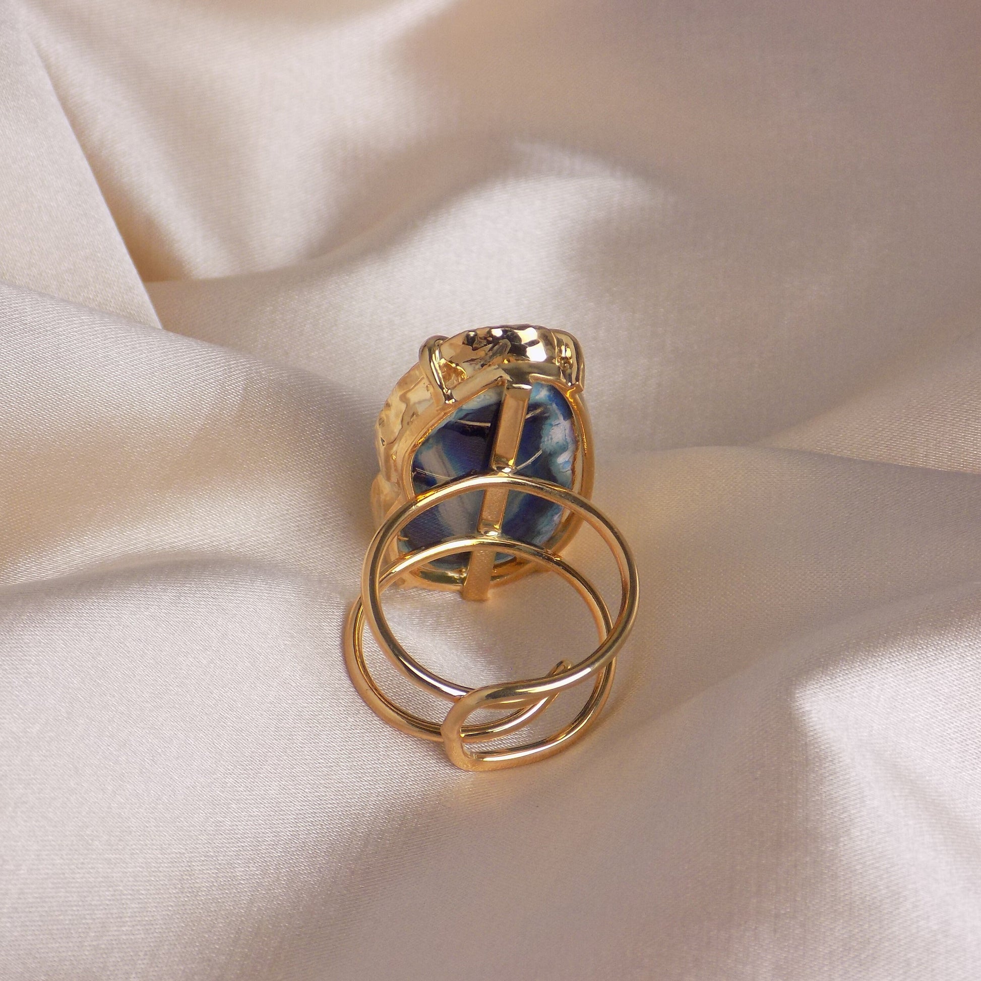 Boho Blue Agate Natural Gemstone Ring - Gold Dipped Adjustable Rings - Christmas Gift Women - G15-229